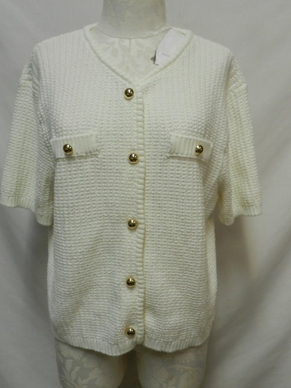 French Connection white sweater knit top gold buttons short slv NEW Size 2XL XXL